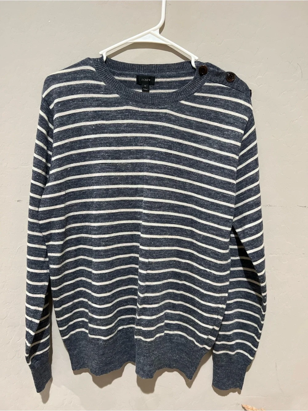 J. Crew Navy and White Striped Women’s Crewneck Sweater with Shoulder Buttons